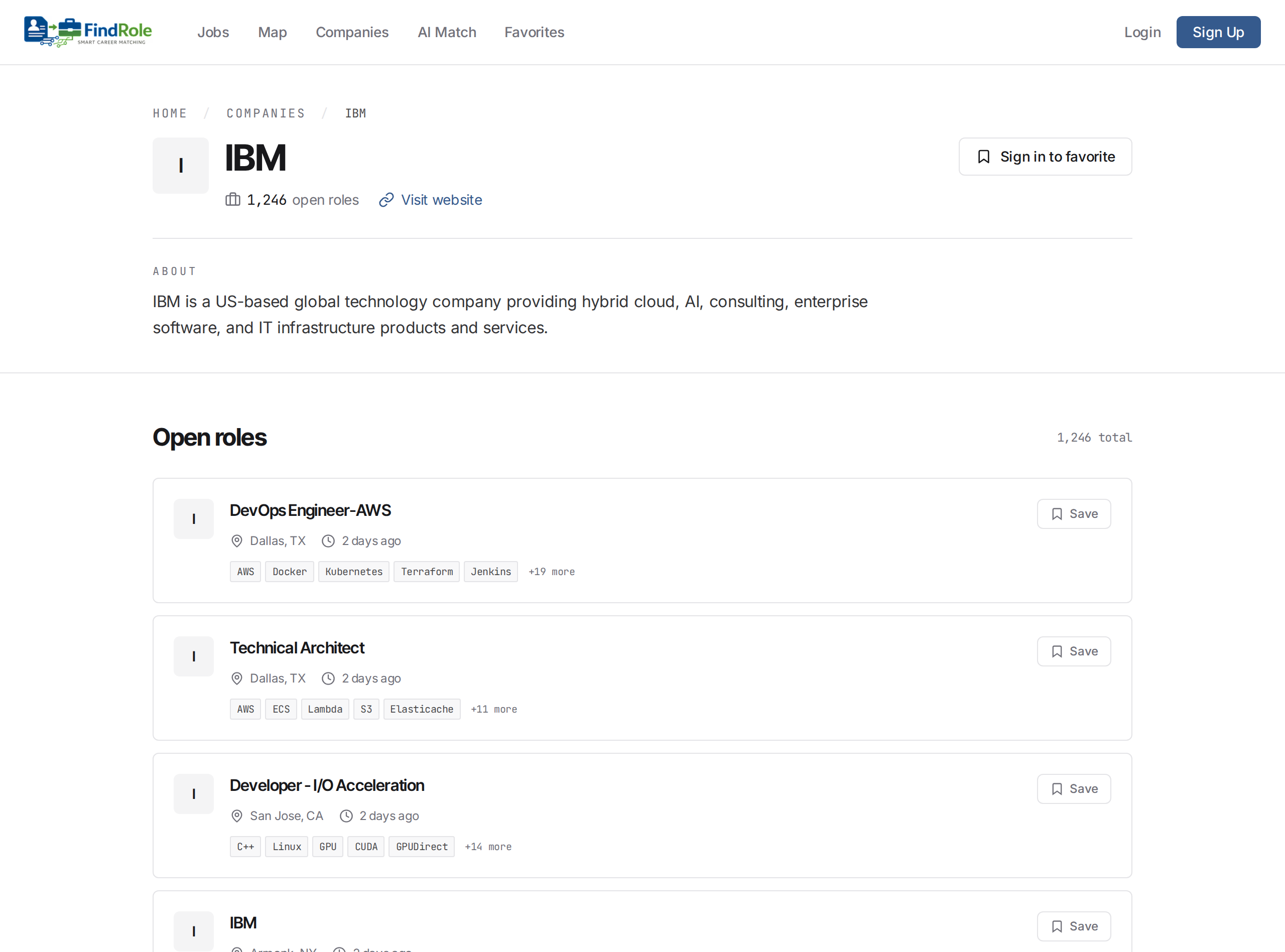 IBM's company page on FindRole, showing the profile and a list of open roles with locations and skill tags