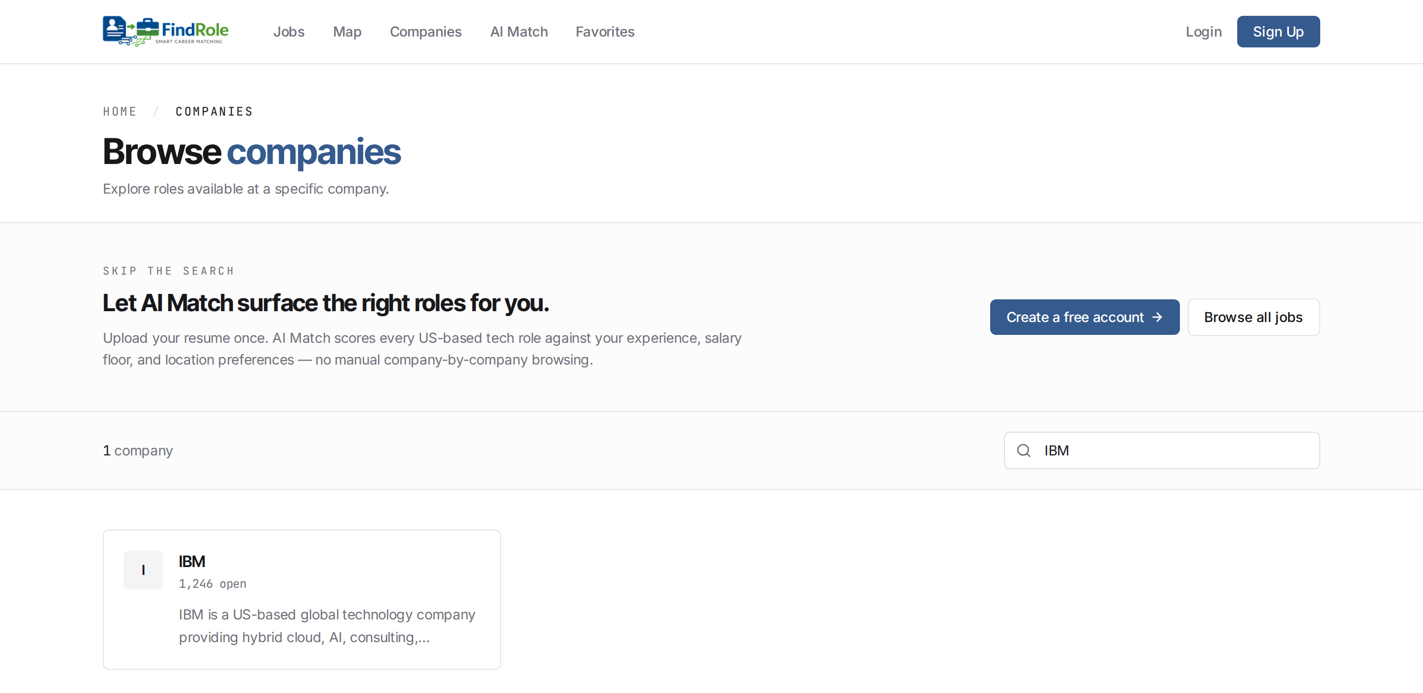 The Companies page with "IBM" typed into the Search companies box, showing the matching IBM result and its open-role count