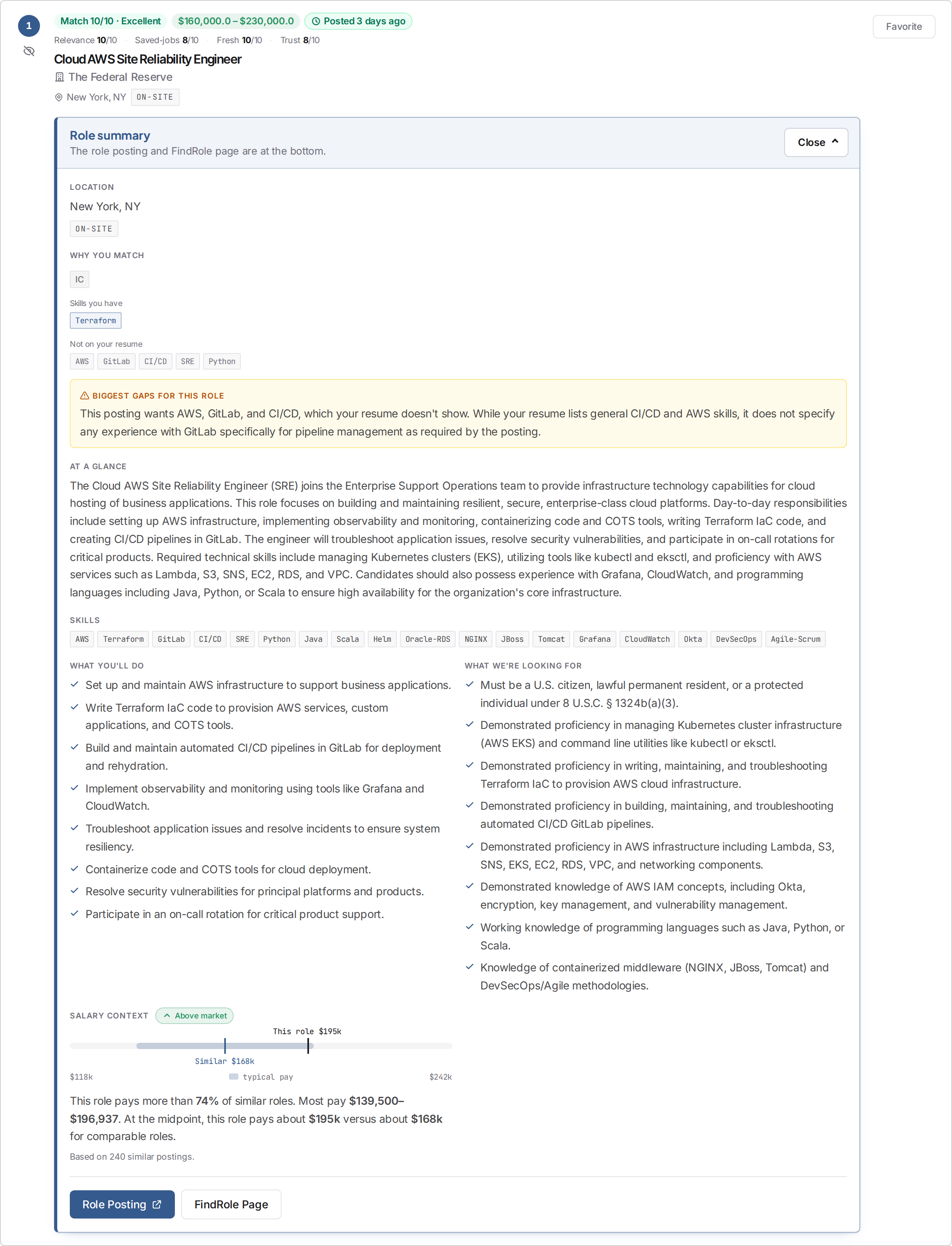 One match card with its Role summary open — its location, why you match, the gaps, the role at a glance, its skills, responsibilities, salary context, and the job-post link