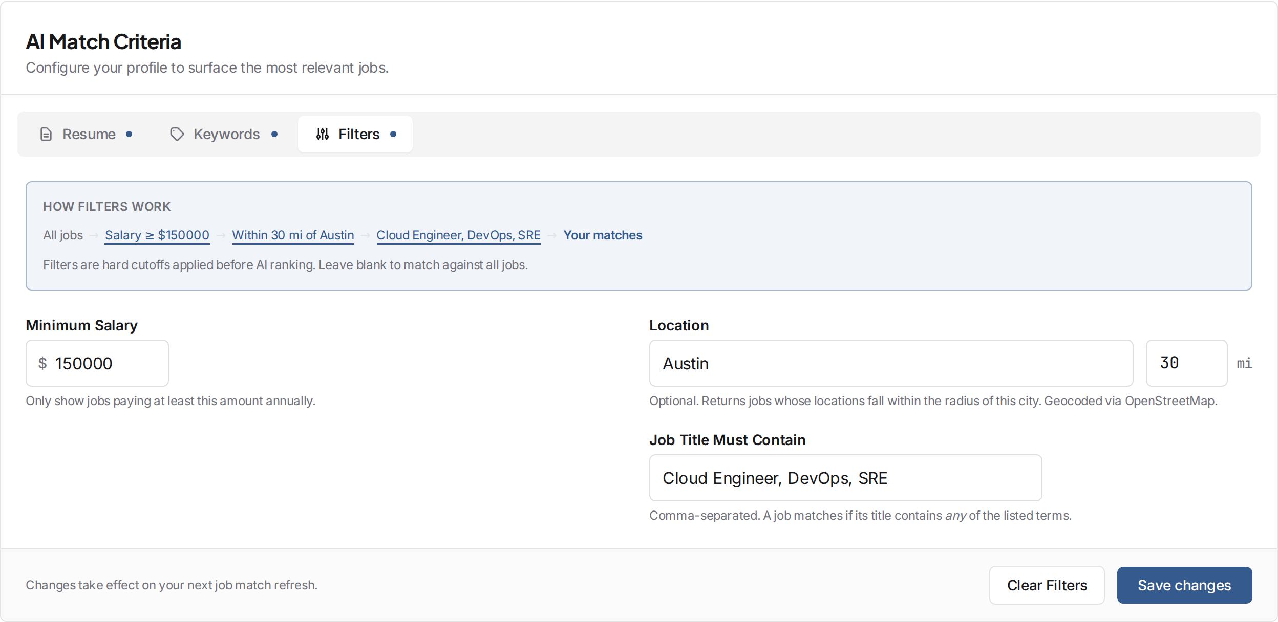 The Filters tab, showing the filter pipeline and the salary, location, and job-title fields