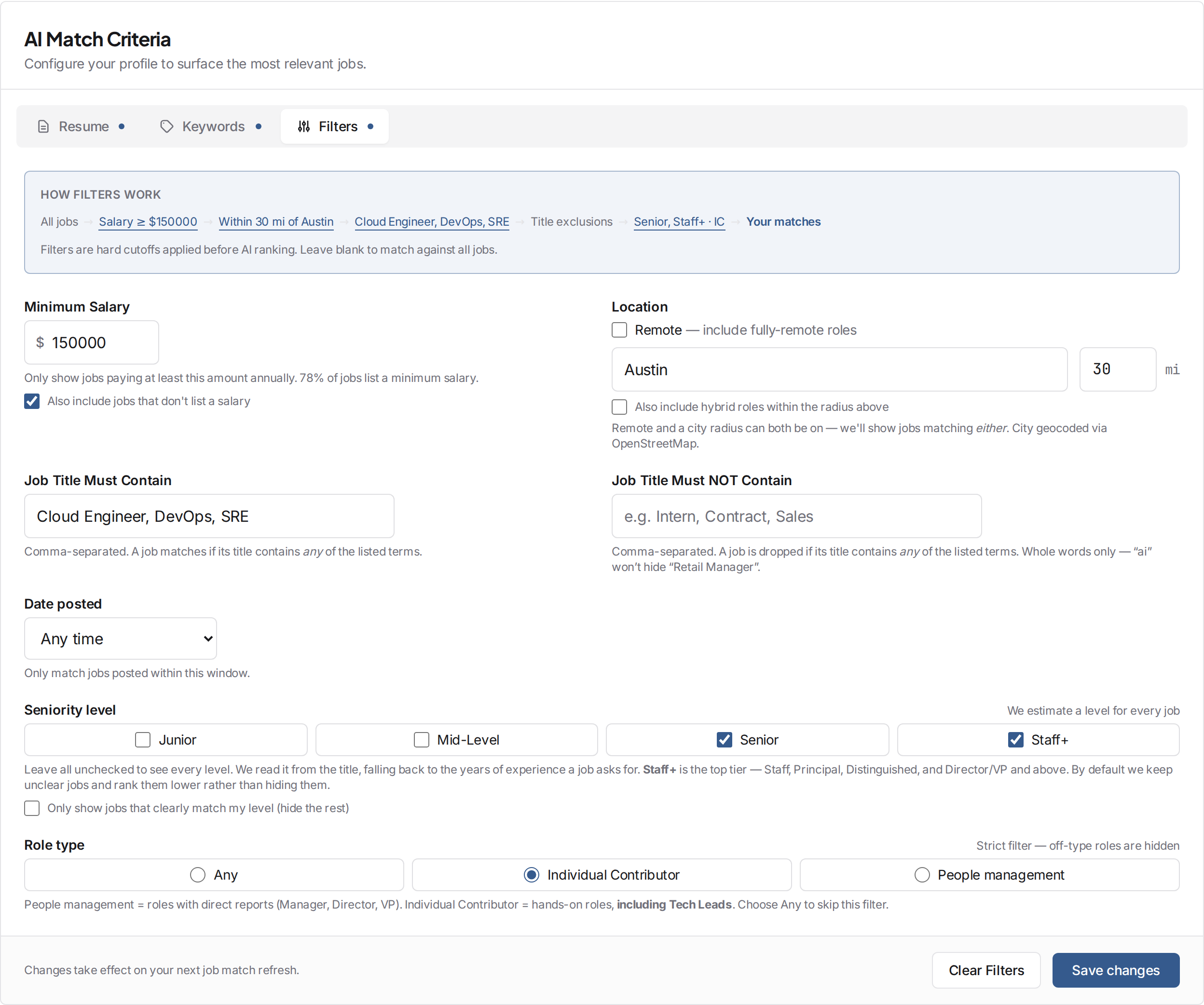 The Filters tab, showing the filter pipeline, salary, location, job-title, the four-tier seniority level (Junior / Mid-Level / Senior / Staff+), and the role-type (IC vs people management) controls