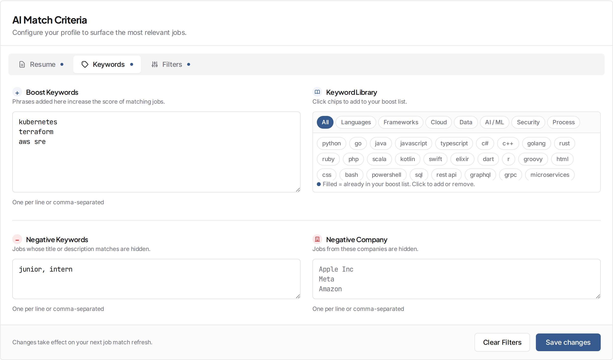 The Keywords tab, showing boost keywords, the keyword library chips, and negative keyword/company fields