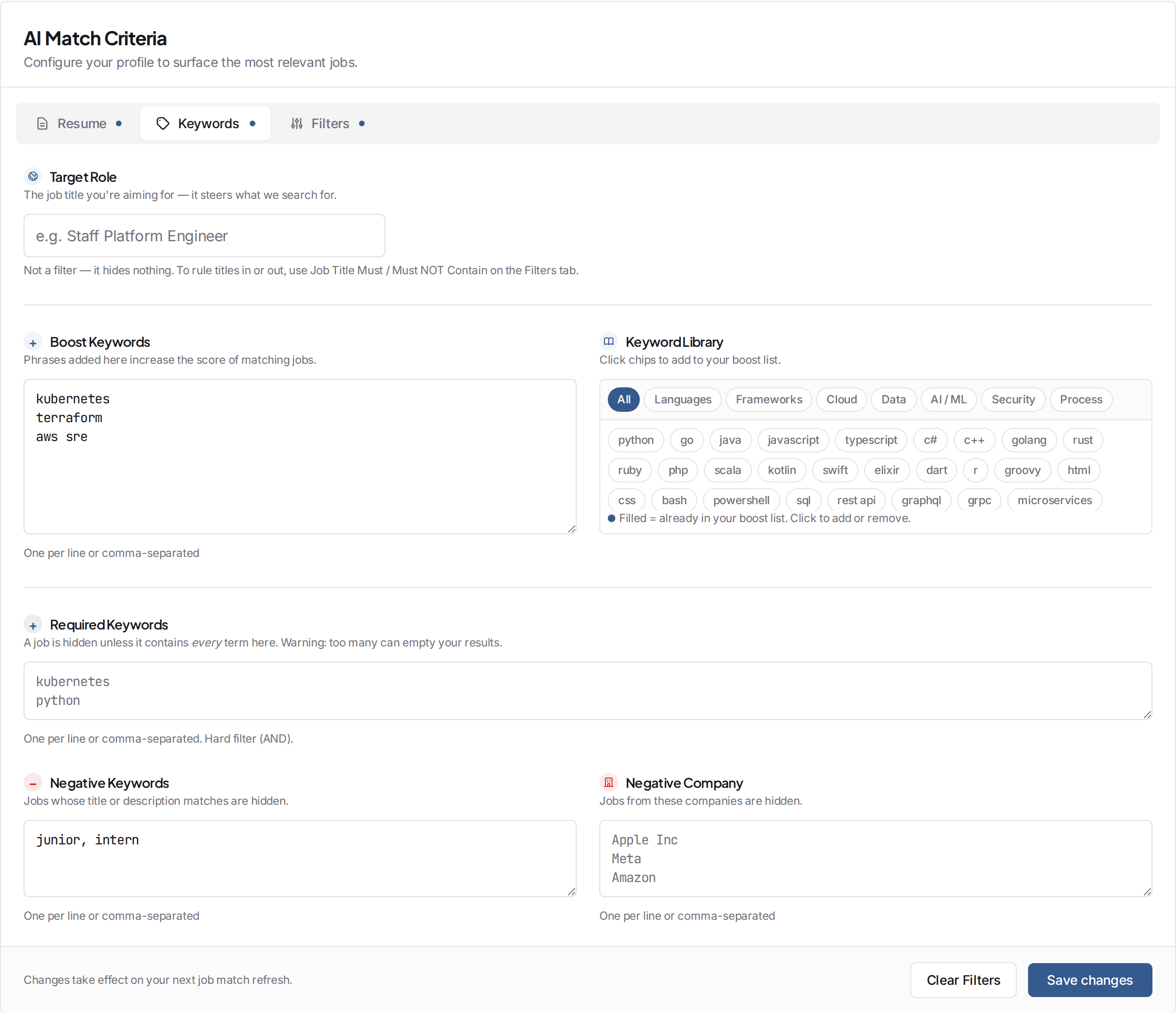 The Keywords tab, showing boost keywords, the keyword library chips, and negative keyword/company fields