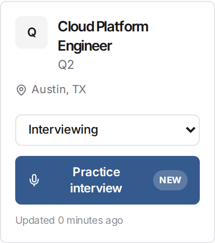 A saved job in the Interviewing column of the application board, with the Practice interview button