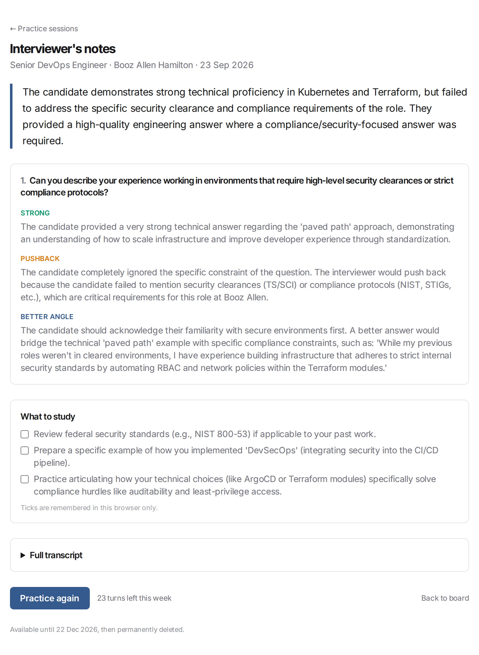 The interviewer's notes — an overall summary, then Strong, Pushback and Better angle for each question, plus a what-to-study checklist
