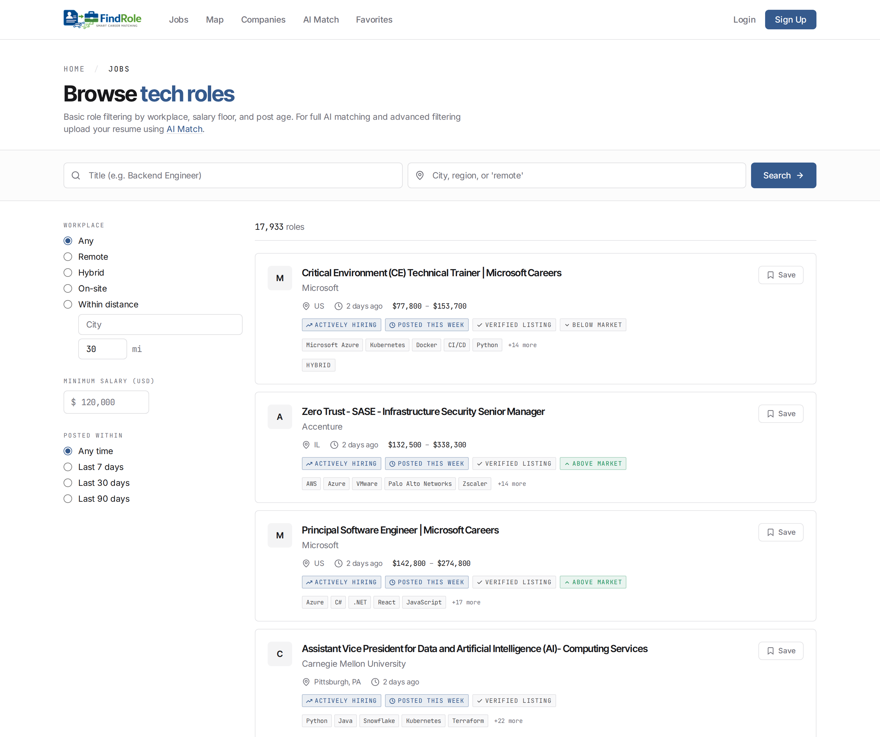 The Browse Jobs search page — search bar, workplace/salary/post-age filters, and result cards