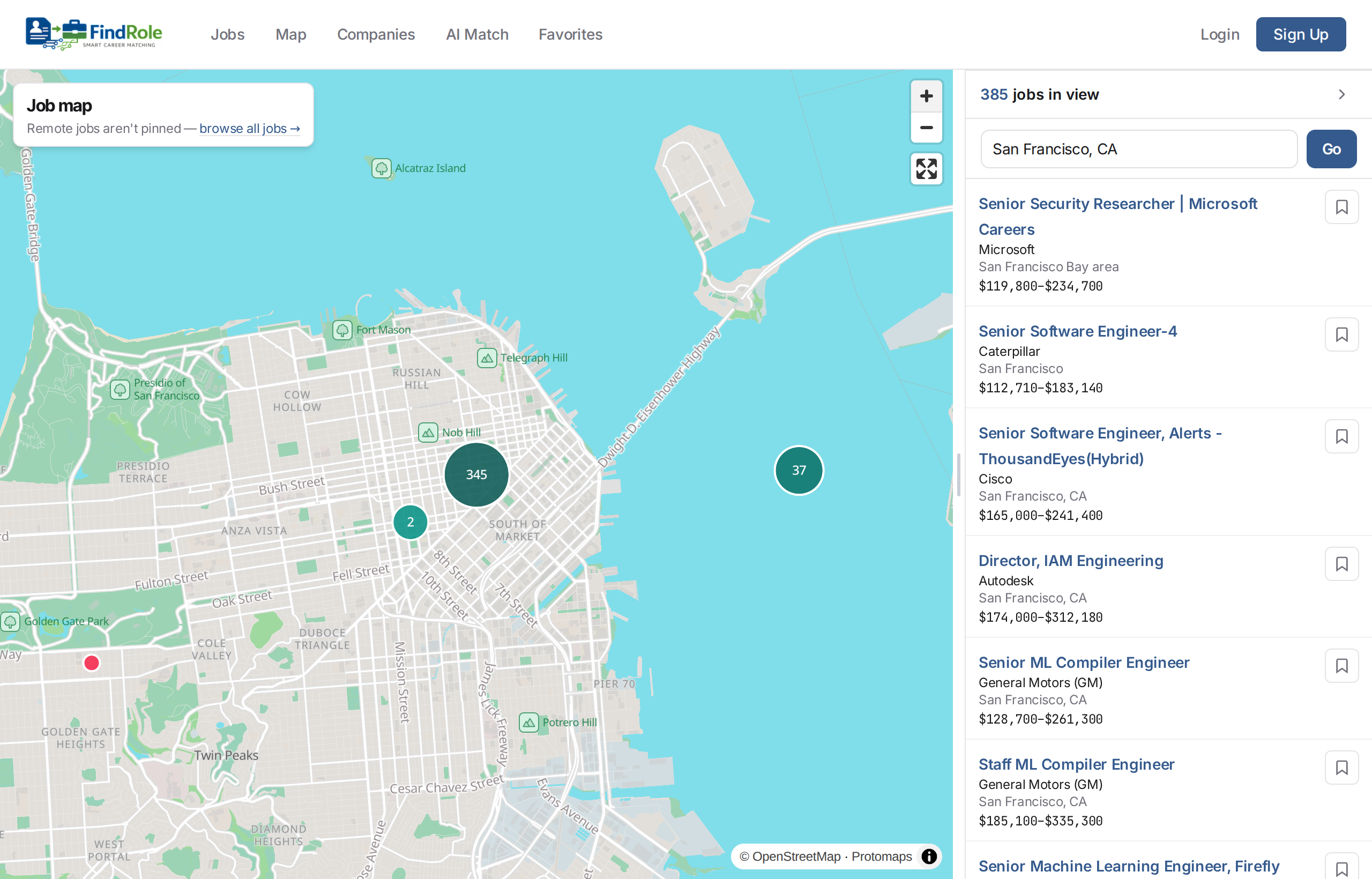 The job map zoomed into the San Francisco Bay Area, with clustered job markers and the in-view roles listed alongside